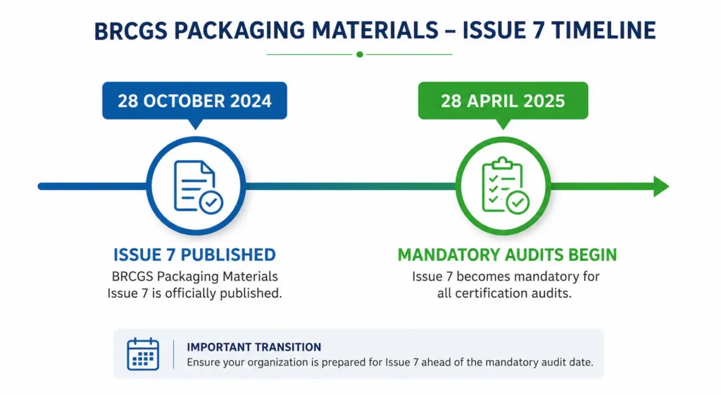 BRCGS Packaging Certification: Standard Behind Safer Products Issue 7 Timeline Graphic