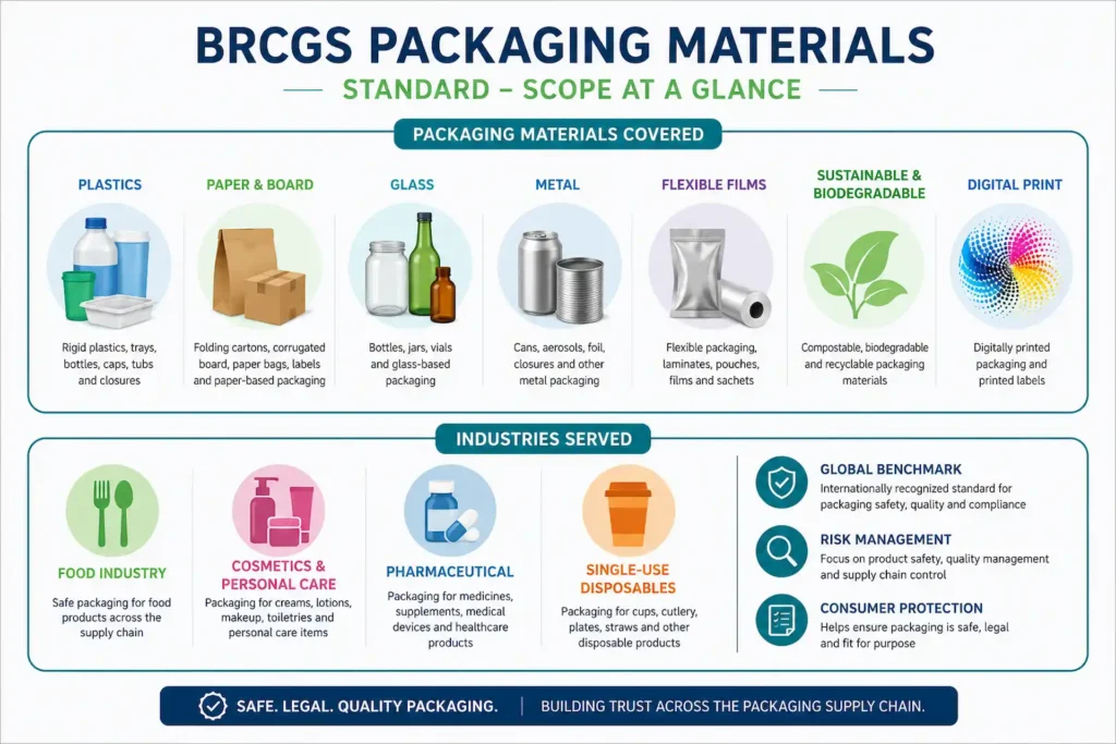 BRCGS Packaging Certification: Standard Behind Safer Products Materials and Industries Infographic