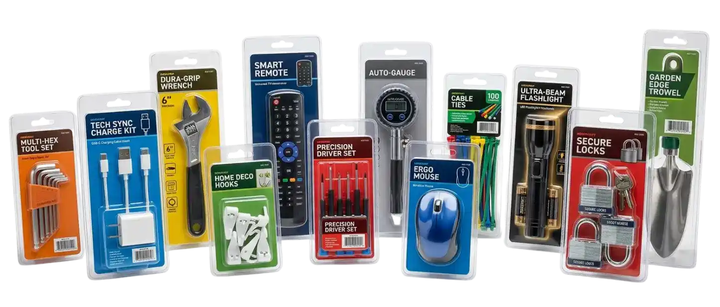 Clamshell packaging for retail tools and accessories