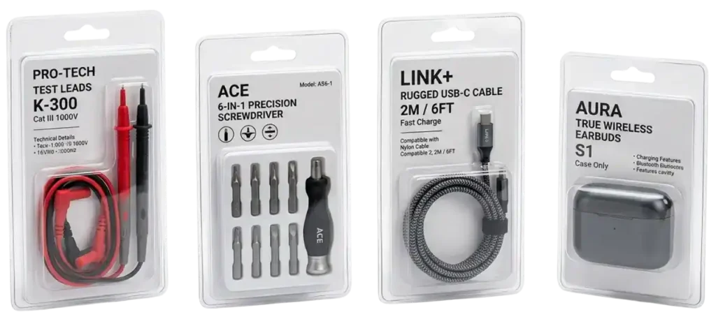 Clear clamshell packaging for electronic accessories
