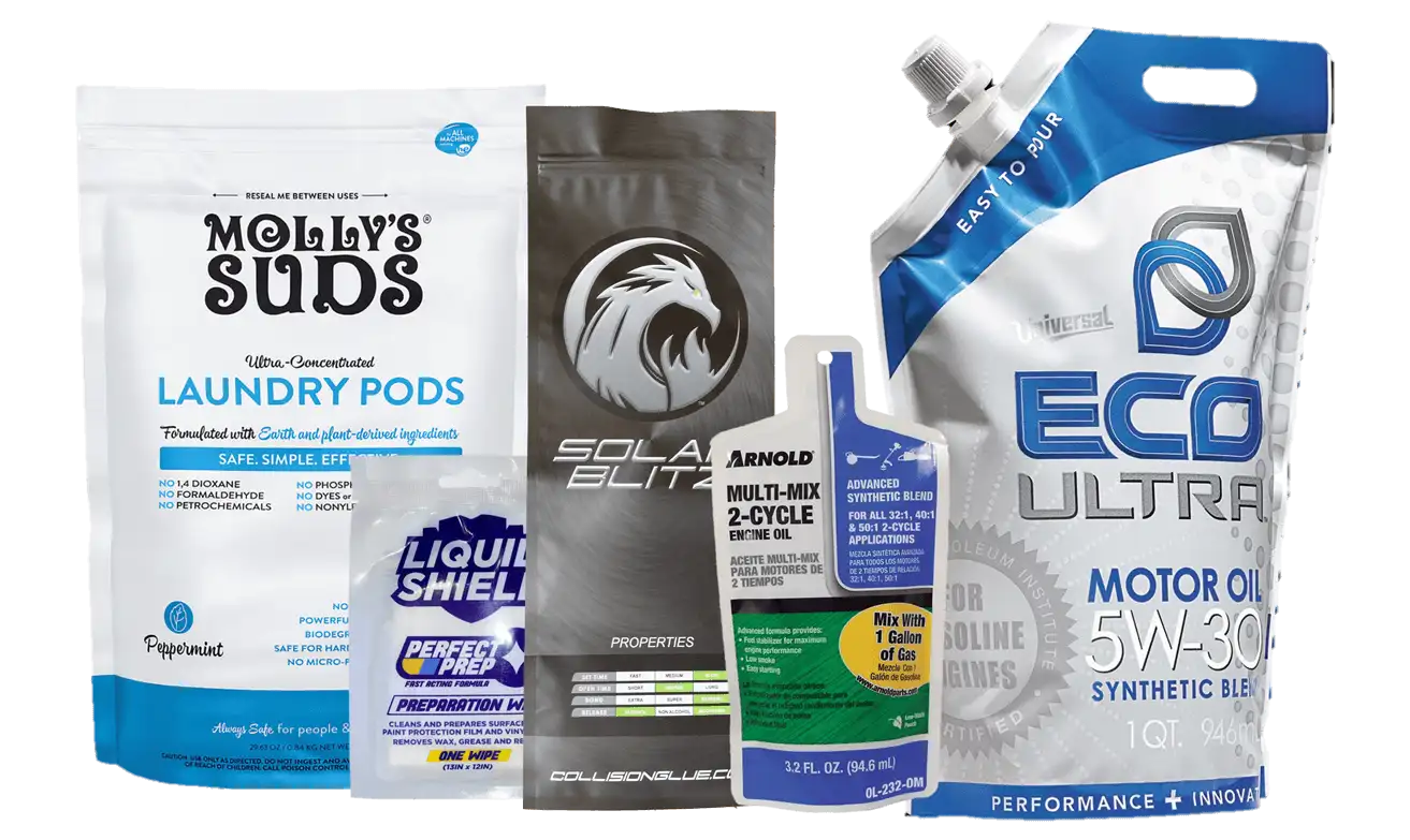Custom flexible pouches for oils lubricants chemicals