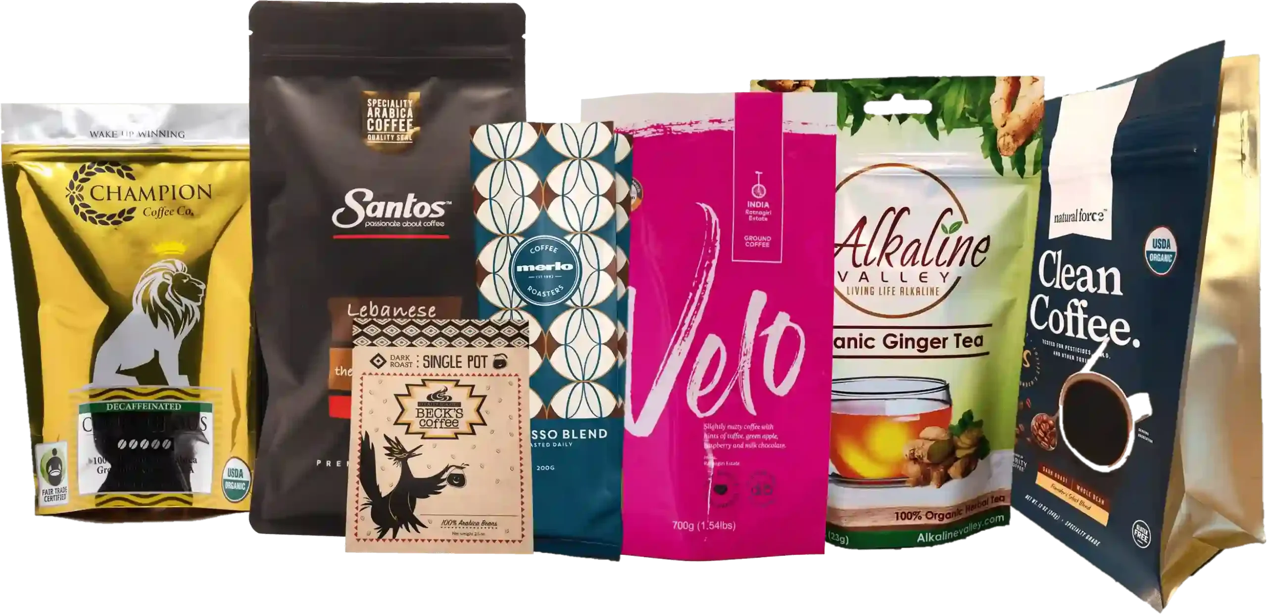 Custom printed coffee tea flexible pouches variety