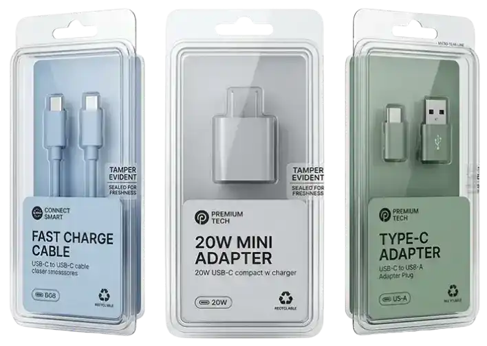 Tamper evident clamshell packaging for chargers