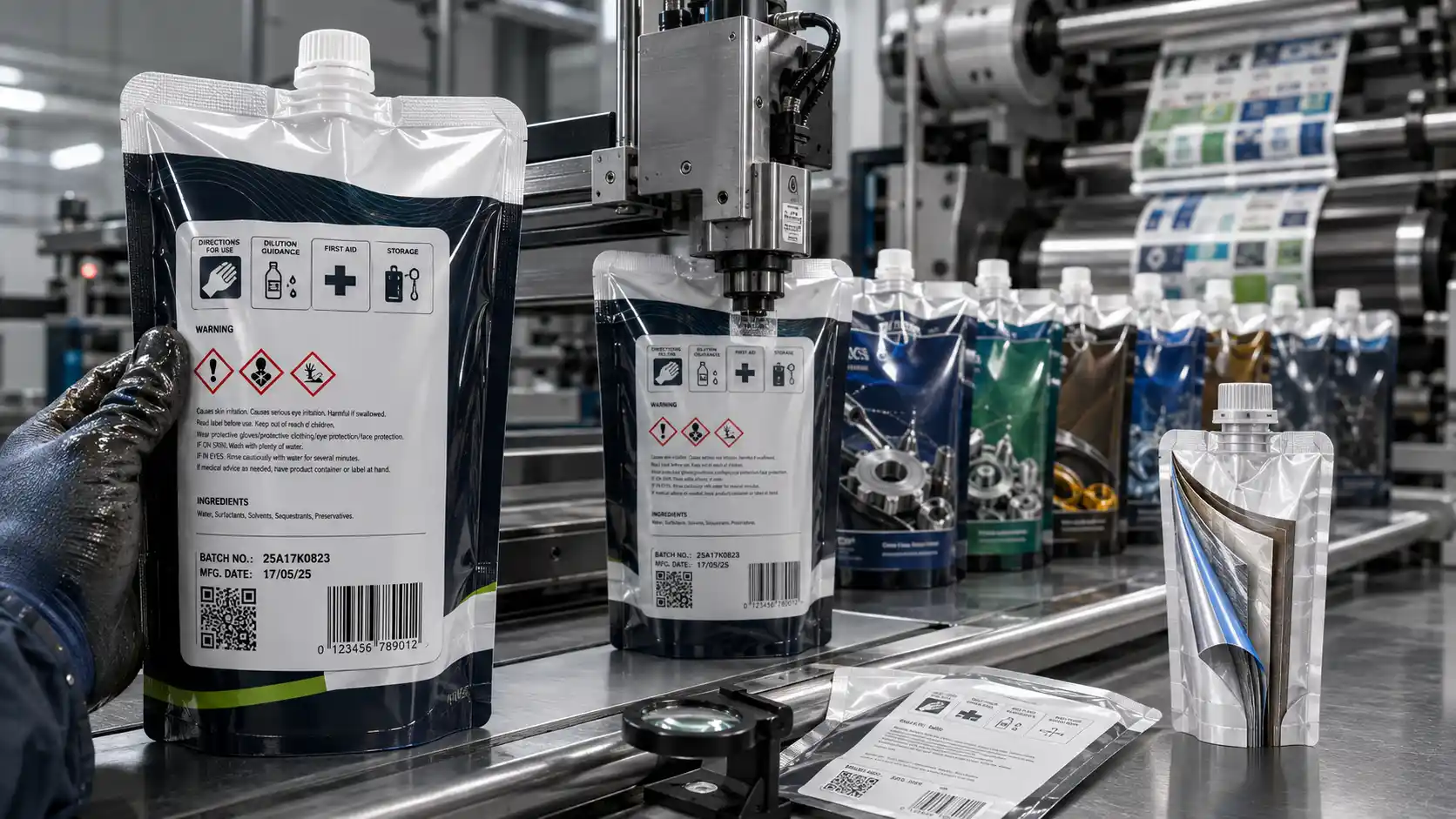 Pouch Packaging for Chemicals, Lubricants & Industrial Products Printing and Labeling Requirements for Chemical Packaging